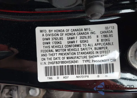 2013 Honda Civic Ex z USA, uszkodzony, nr VIN 2HGFB2F89DH534341